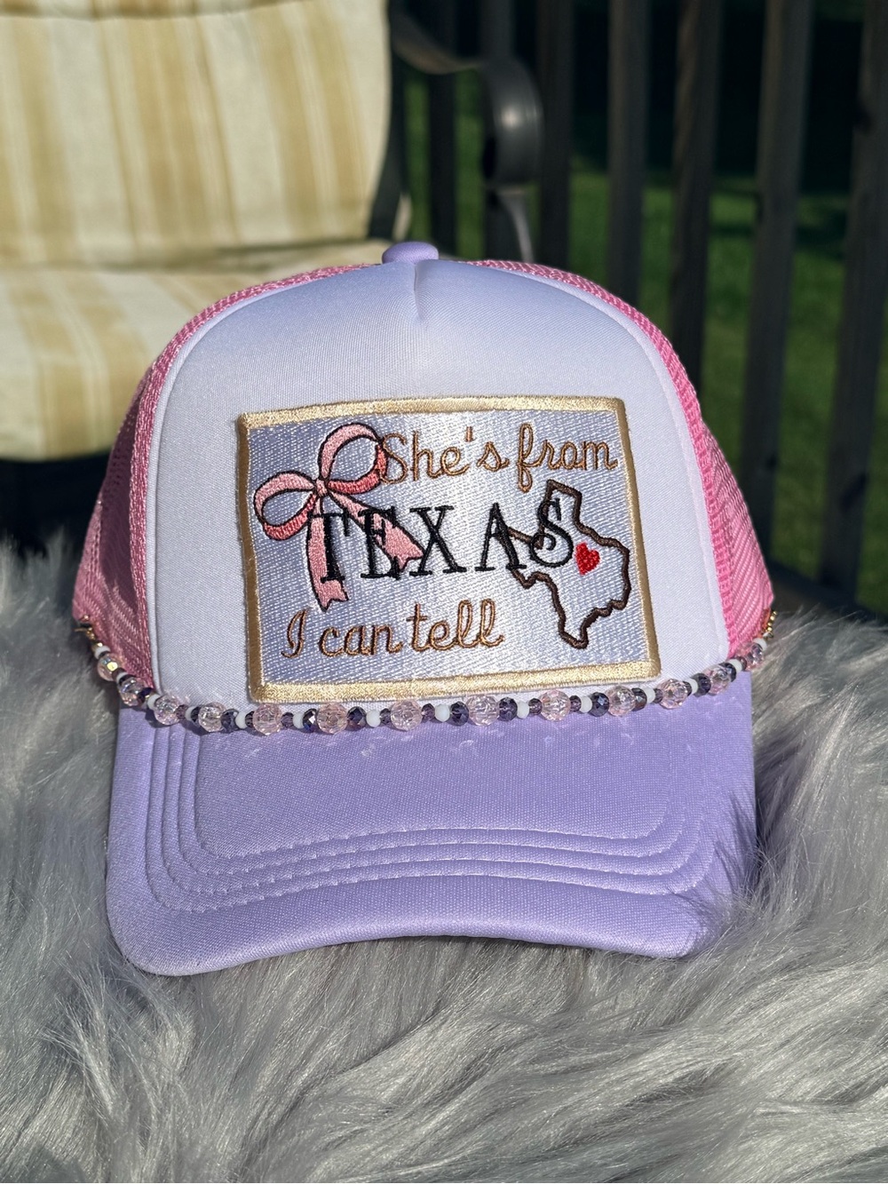 She's From Texas Embroidered Trucker Hat - Pink & Lavender